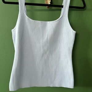 Robin’s egg blue sleeveless top. 46% rayon,27%polyester,27% nylon.